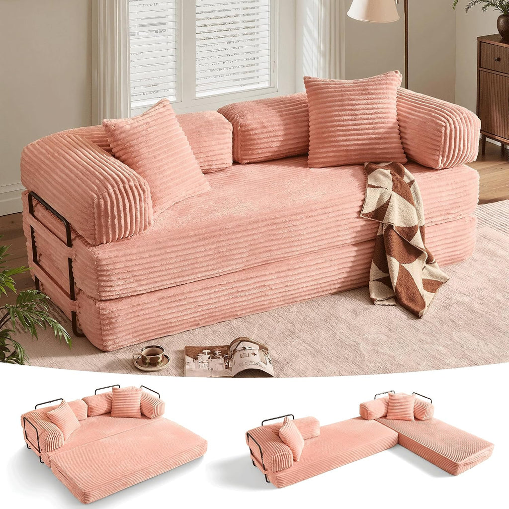 ovios 81' Folding Sofa Bed, Foldable Sleeper Boneless Couch with Pull Out Beds, Modular Convertible Floor Futon Loveseat Lounger for Living Room (Faux Fur, Pink)