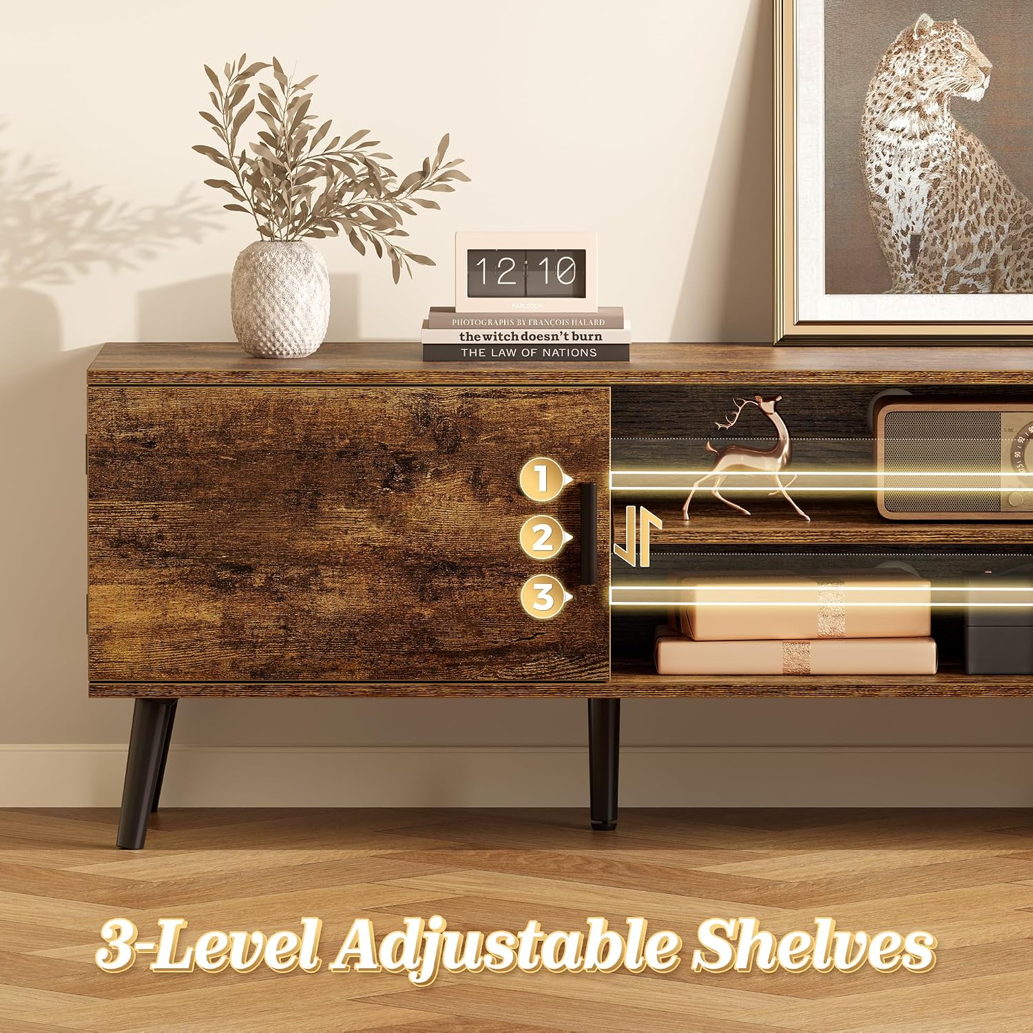 SUPERJARE TV Stand for 55, 65 Inch TV, 63 Inch Entertainment Center with Adjustable Shelf, 2 Cabinets, TV Console Table, Media Console, Solid Wood Feet, 4 Cord Holes, for Living Room, Rustic Brown