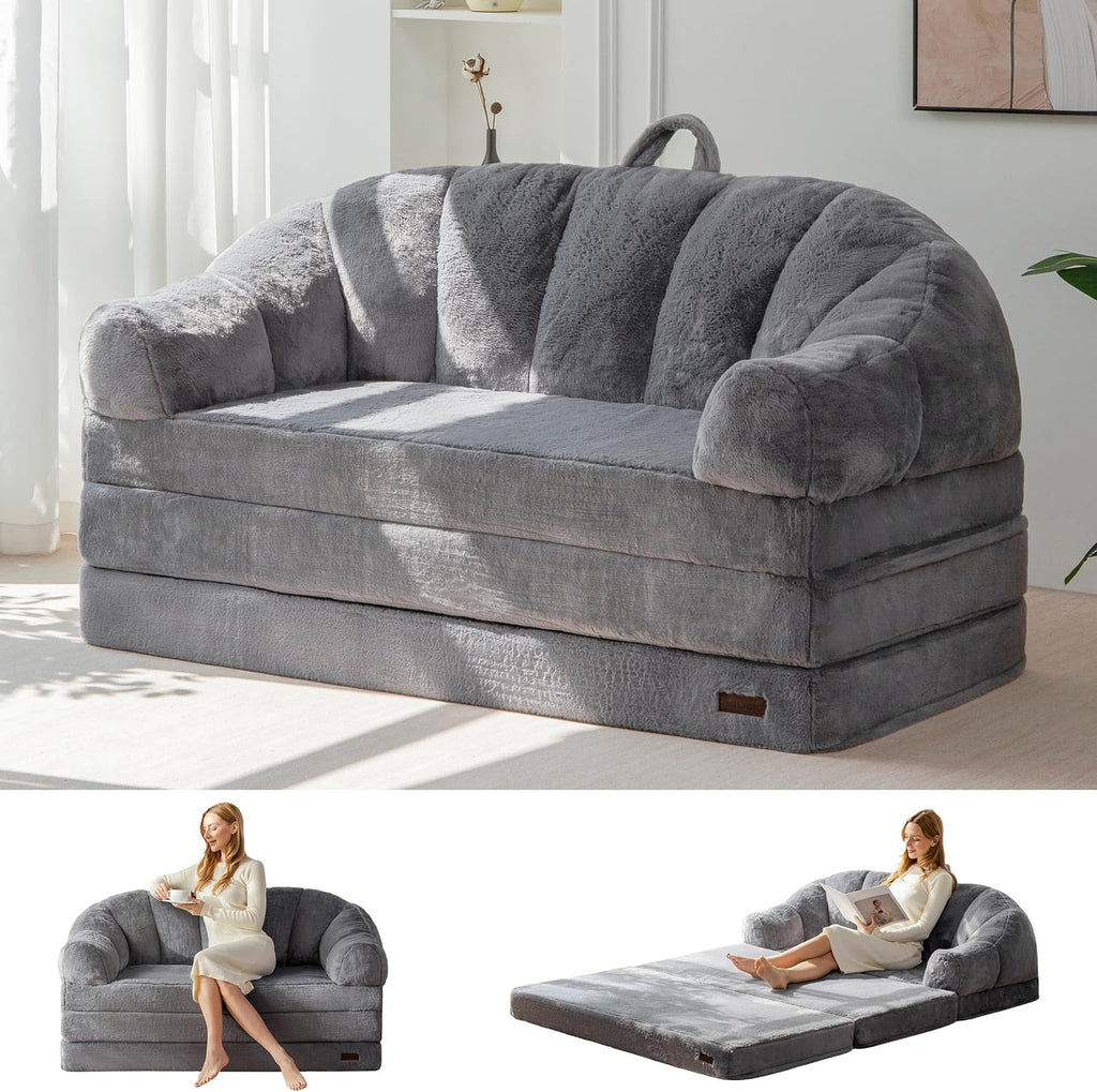 MAXYOYO Folding Sofa Bed, 2 in 1 Convertible Sofa to Lounger Comfy Loveseat Bean Bag Chair for Adults, Floor Sleeper Couch with Handle, Faux Fur Couch Bed for Living Room Bedroom, Grey, Loveseat