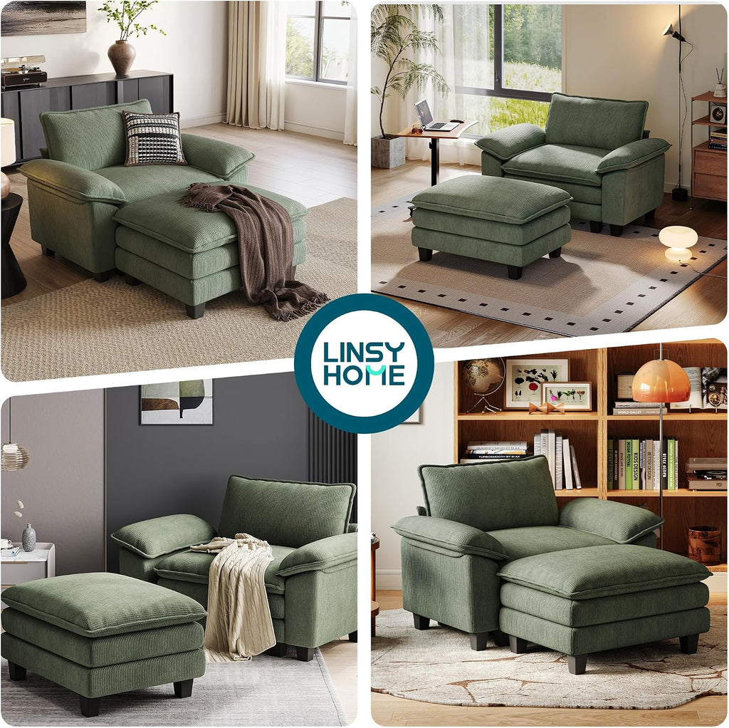 LINSY HOME Cloud Sofa Accent Chair with Ottoman Chaise Lounge Chair Indoor, Corduroy Couch Sofa Chair for Living Room Apartment Bedroom Office, Green