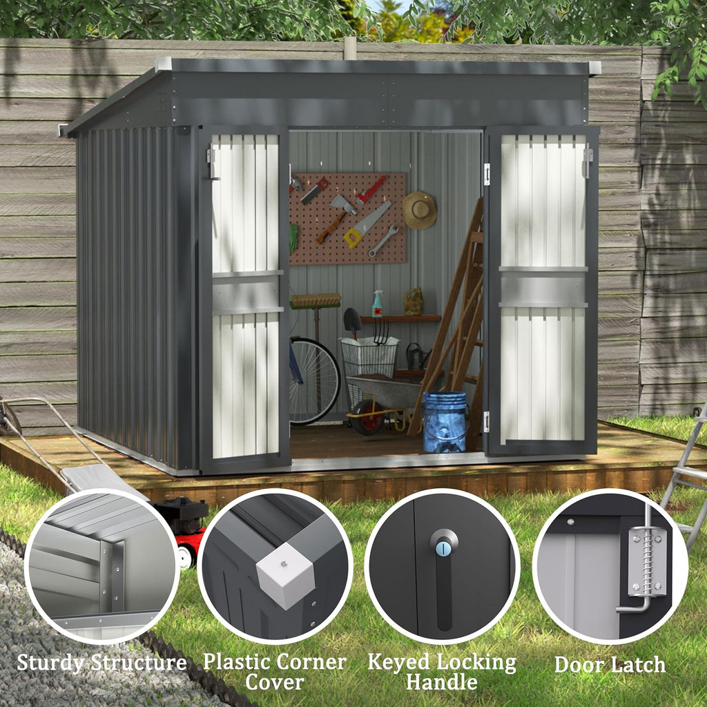 Yardenaler 7x8 FT Metal Outdoor Storage Shed, Garden Tool Shed Kit with Double Doors & Keyed Locking, Waterproof Patio Utility Tool Shed for Backyard and Garden, Gray