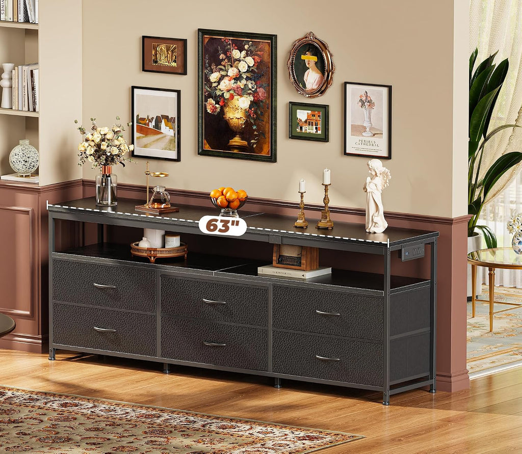 Huuger 63 Inch TV Stand for 55, 65, 70 Inch TV, Long Dresser TV Stand for Bedroom, Black LED TV Stand with Power Outlets, Fabric Drawer Dresser with Storage, Entertainment Center for Living Room