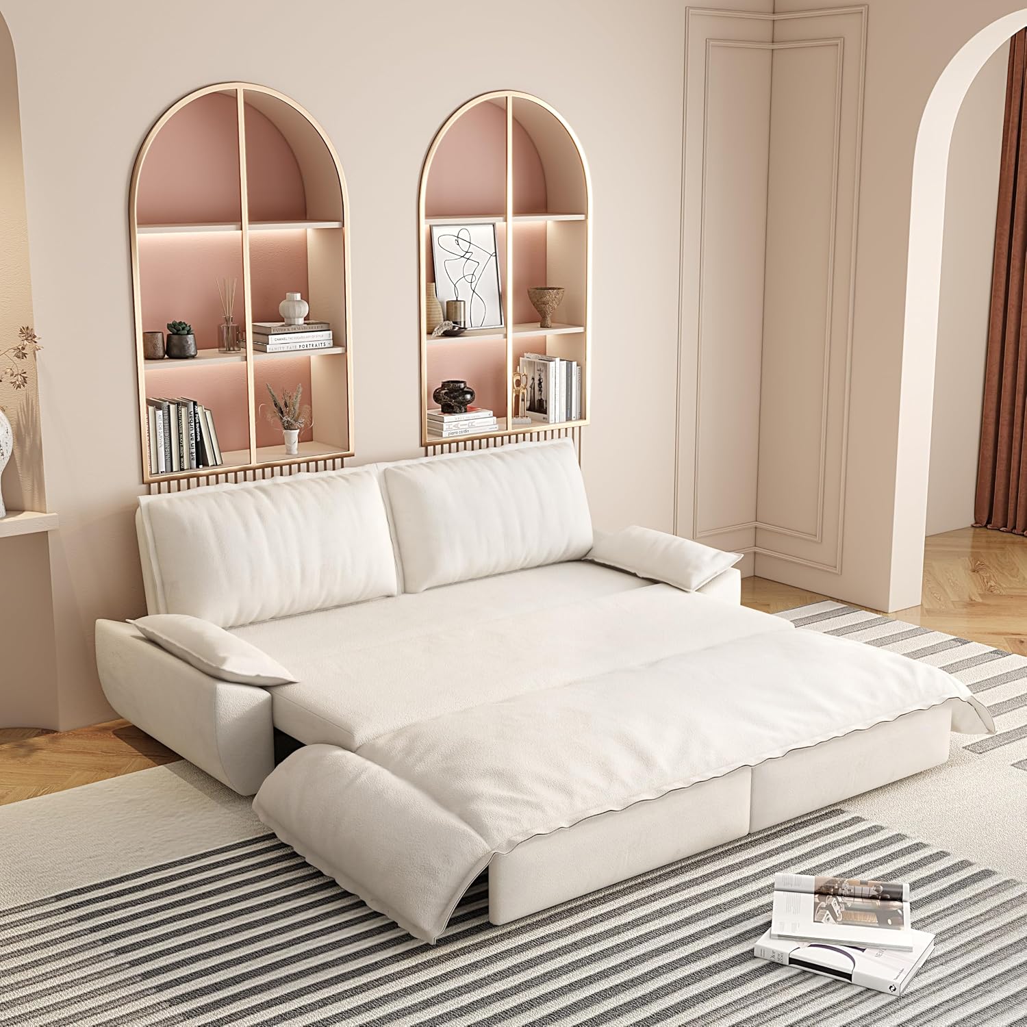 3-in-1 Convertible Sofa Bed Queen Size Pull Out Sleeper Sofa with Heavy Duty Metal Frame, Luxurious Velvet Upholstered Loveseat with 2 Pillows, Modern Folding Guest Bed for Living Room, Apartment | Removable Cushions