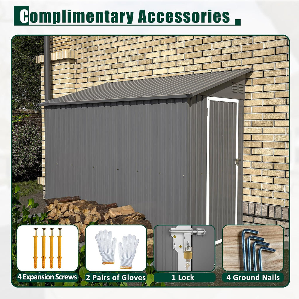 YOPTO 4×8 FT Lean to Metal Shed,Outdoor Heavy-Duty Storage Shed with Floor Base,All Weather Waterproof Garden Tool House W/Lockable Door&2 Air Vents,Reversible Door Design,for Backyard,Patio,Lawn,Gray