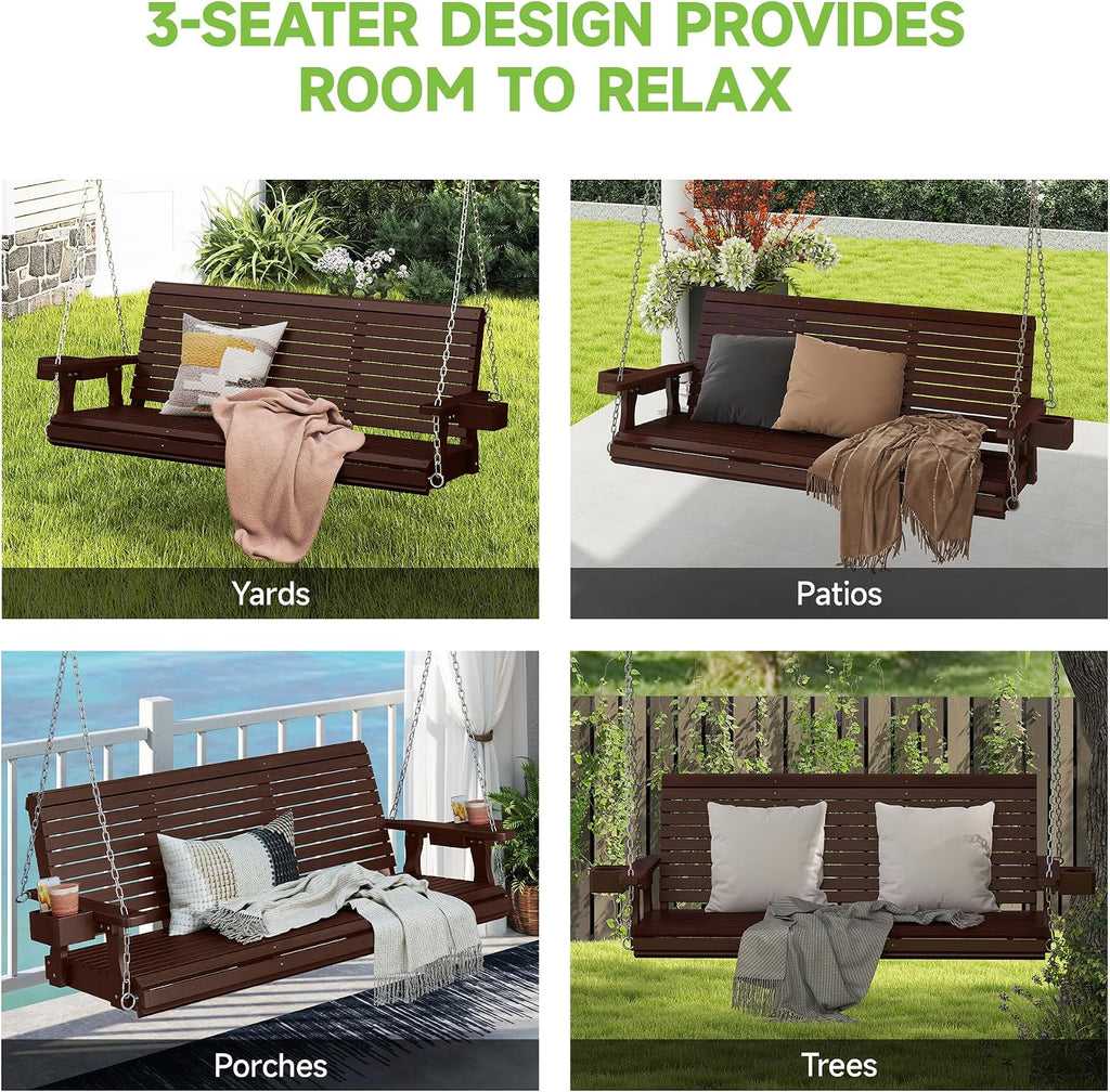 Real Relax Front Porch Swing, Wooden 3 Person Outdoor Hanging Patio Swing Chair with Cup Holders, Upgraded 22' Deep Seat Bench, Heavy Duty 880 Lbs for Courtyard, Garden, Backyard 5 Ft (Brown)