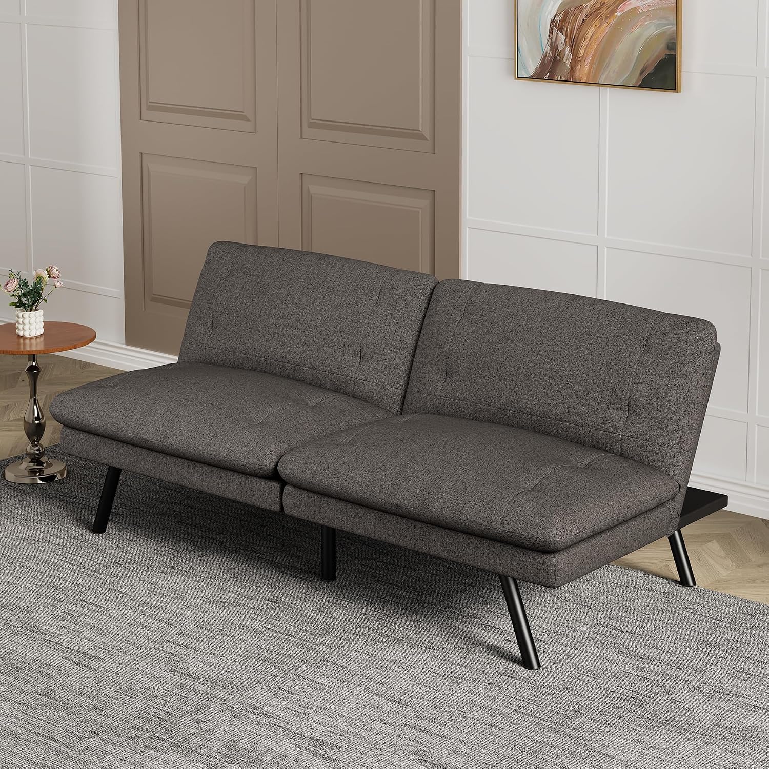 Convertible Sofa Bed,Linen Futon Sofa Couch,Detachable Cushion,Adjustable Backrest,Memory Foam Folding Futon Loveseat Sleeper for Living Room,Office,Apartment,Pure Grey