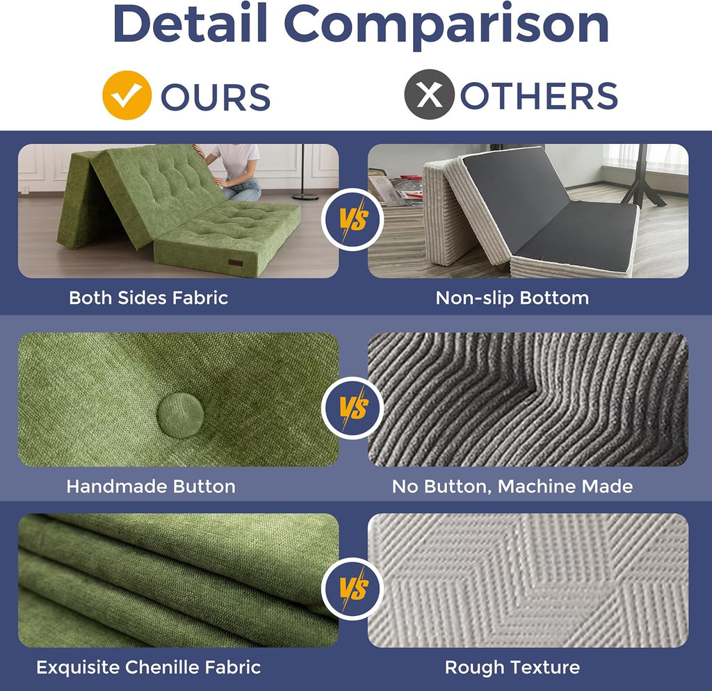 MAXYOYO 6' Folding Sofa Bed for Floor, Tufted Tri-Fold Floor Mattress with Chenille Fabric, Twin Size Portable Sofa Couch Guest Mat for Adults, Foldable Topper for Camping, Green, 35.4'x75'