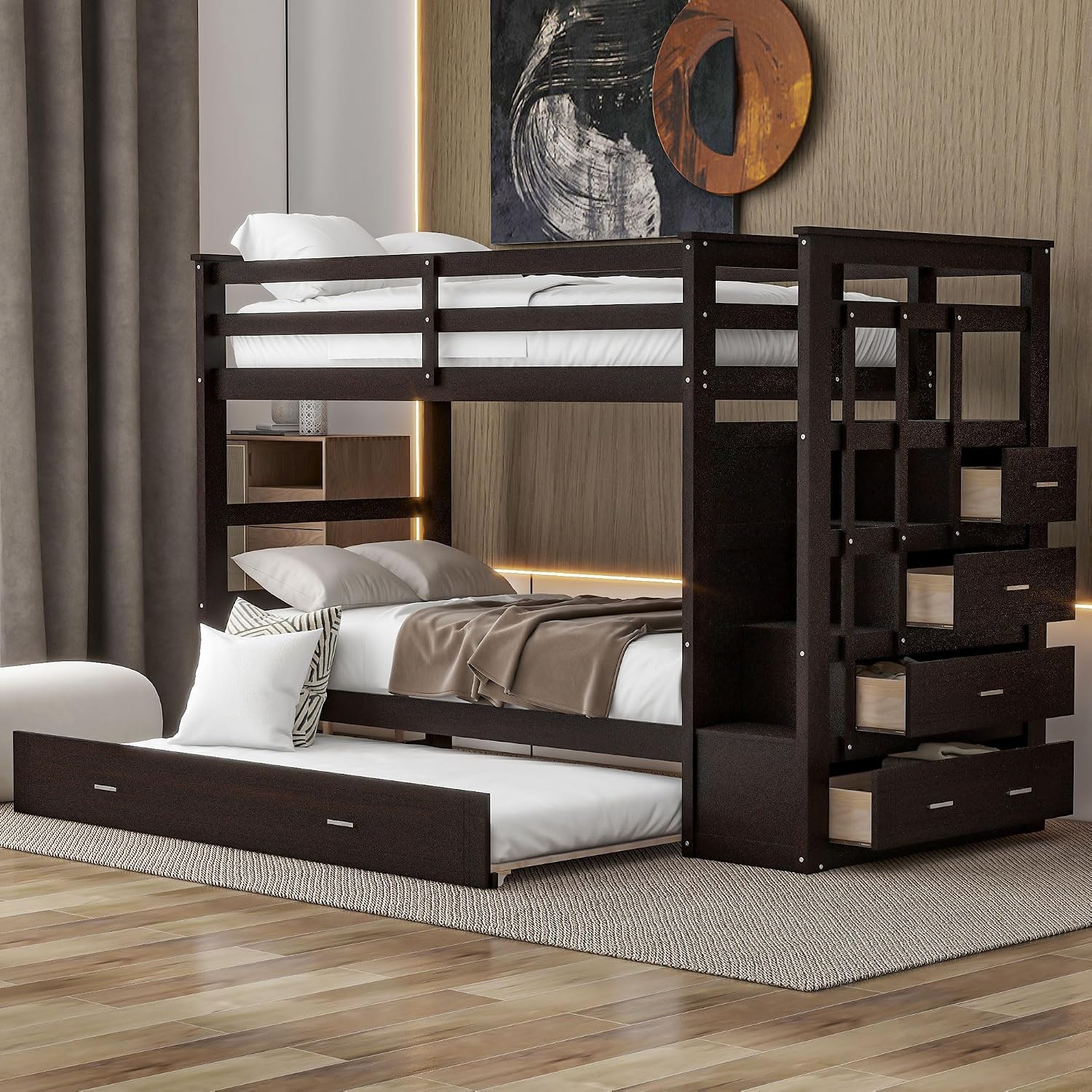Harper & Bright Designs Twin Over Twin Bunk Bed with Staircase and Trundle, Solid Wood Bunk Beds with 4 Storage Drawers and Safety Guard Rail, Kids Bunk Bed Frame, No Box Spring Needed (Espresso)