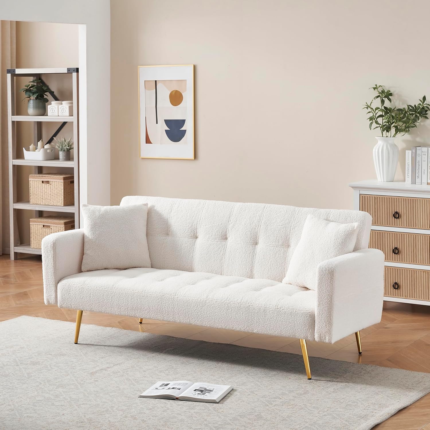 KEIKI 72' Folding Futon Sofa Couch w/Adjustable Backrest, Mid Century Modern Loveseat Convertible to Sleeper Bed, Small Comfy Teddy Cloud Couch SofaBed for Living Room & Bedroom, 2 Pillows, Beige