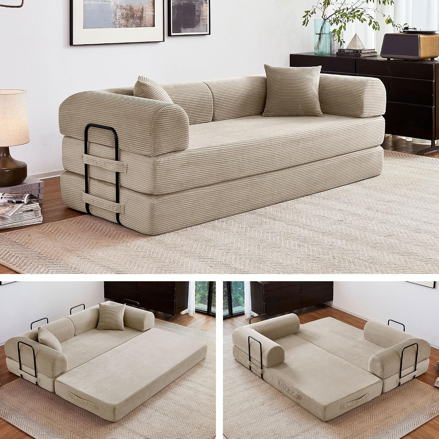 79' Convertible Sofa Bed, 5-in-1 Corduroy Boneless Couch Bed Sofa Pull Out, Memory Foam Couch, No Assembly Futon Couches for Living Room (Beige)
