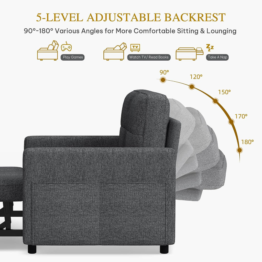 DWVO 55' Convertible Sofa Bed, 3-in-1 Sleeper Sofa with Pull-Out Bed, Linen Futon Couch with Adjustable Backrest and Side Pocket, Modern Loveseat for Living Room Apartment, Grey