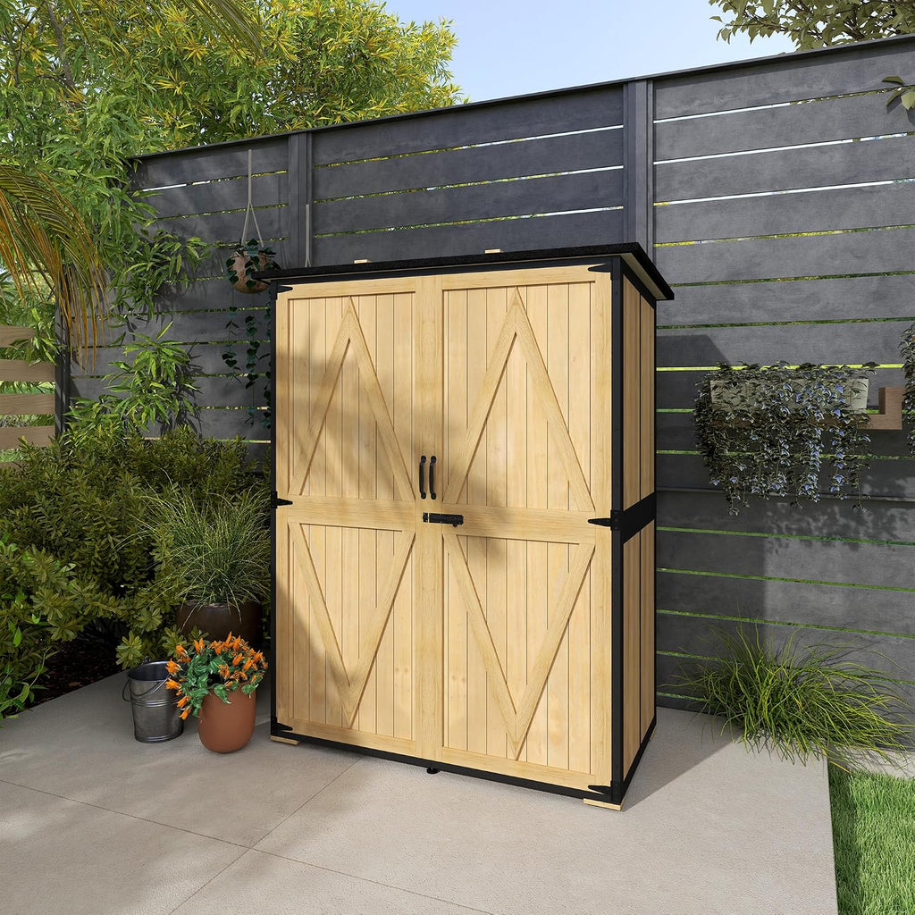 Outsunny Outdoor Storage Cabinet, Wood Garden Tool Shed with Steel Frame and Asphalt Roof, Garden Storage Shed with 2 Shelves, Lockable Doors and Adjustable Feet for Patio Backyard Lawn, Natural