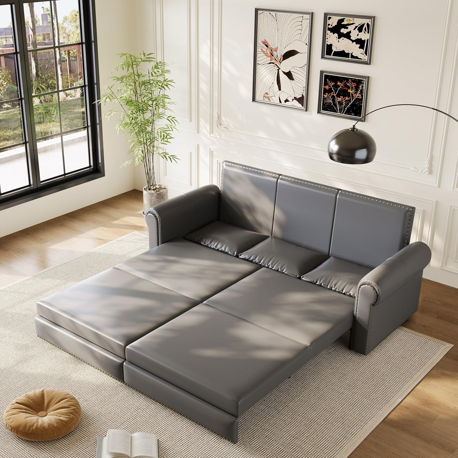 93.7' King Pull Out Sofa Bed, Faux Leather Sleeper Sofa Couch, 3 in 1 Convertible Futon Couches for Living Room, Small Space, Apartment, Office, Bedroom, Modern Rivet Armrest, Grey