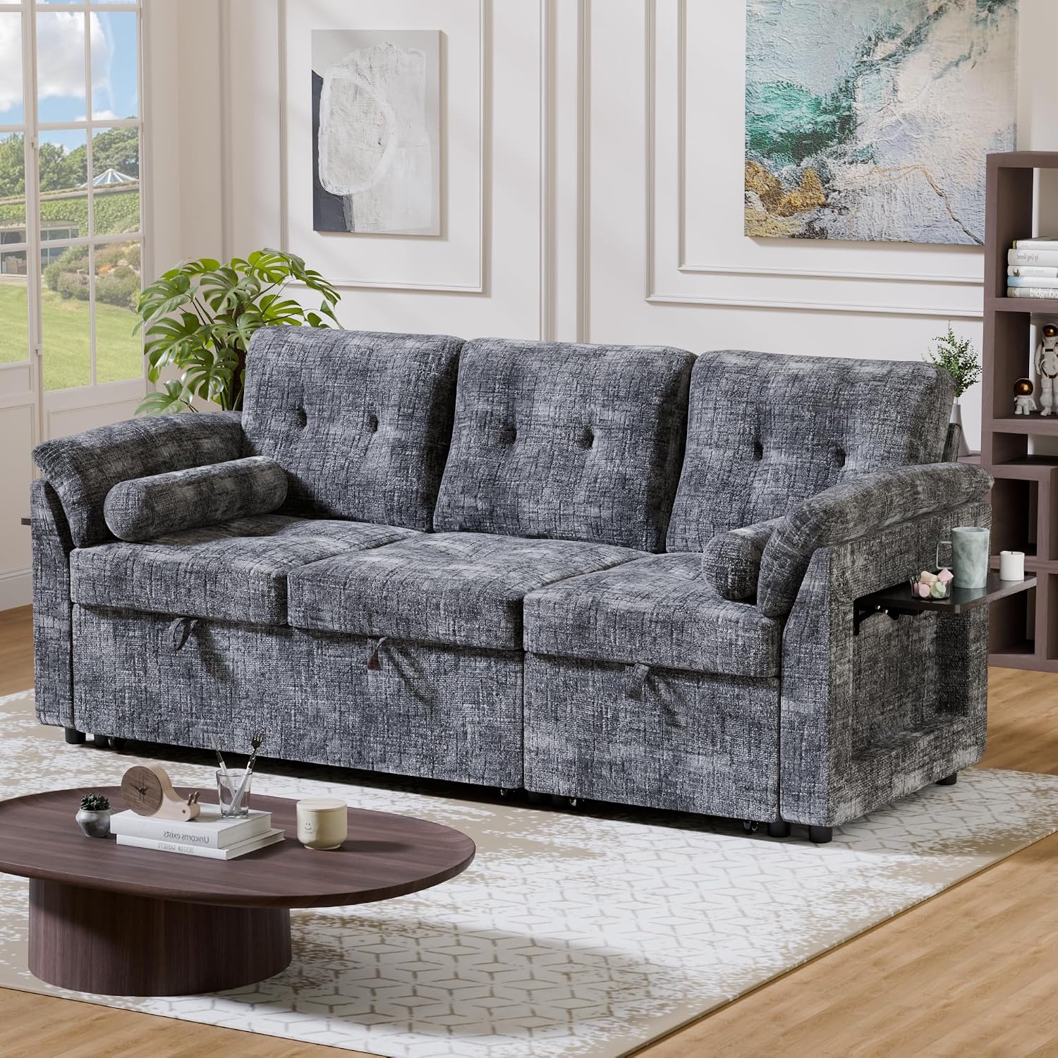 Convertible Sleeper Sofa Bed, 63 Inch Chenille Pull Out Couch with Side Table & Adjustable Backrest, Sectional Sleeper Sofa with Pull Out Bed for Living Room, Apartment, Gray