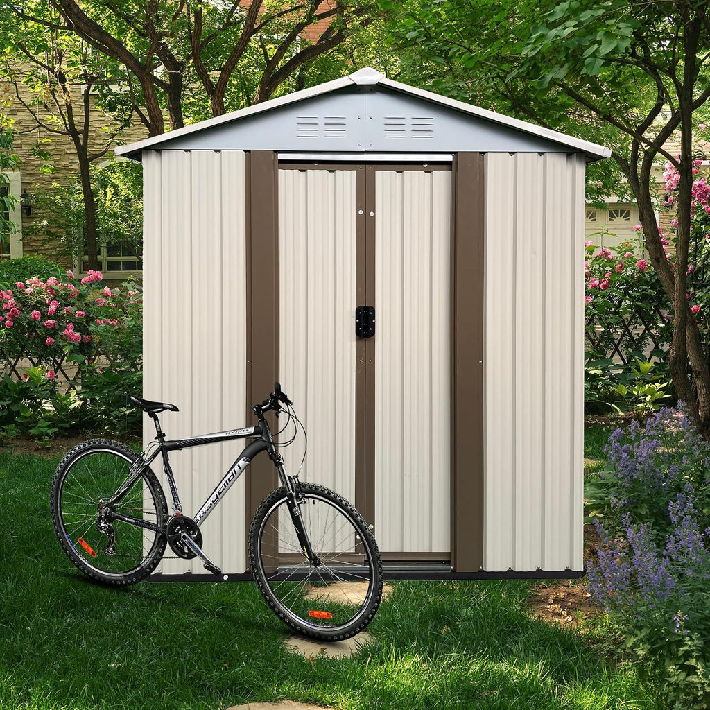 Ball & Cast 5x3 FT Outdoor Storage Shed, Metal Sheds with Punched Vents and Sliding Door, Waterproof Garden Tool Shed with Aluminum Frames and Sloped Roof for Backyard Patio,Cream White