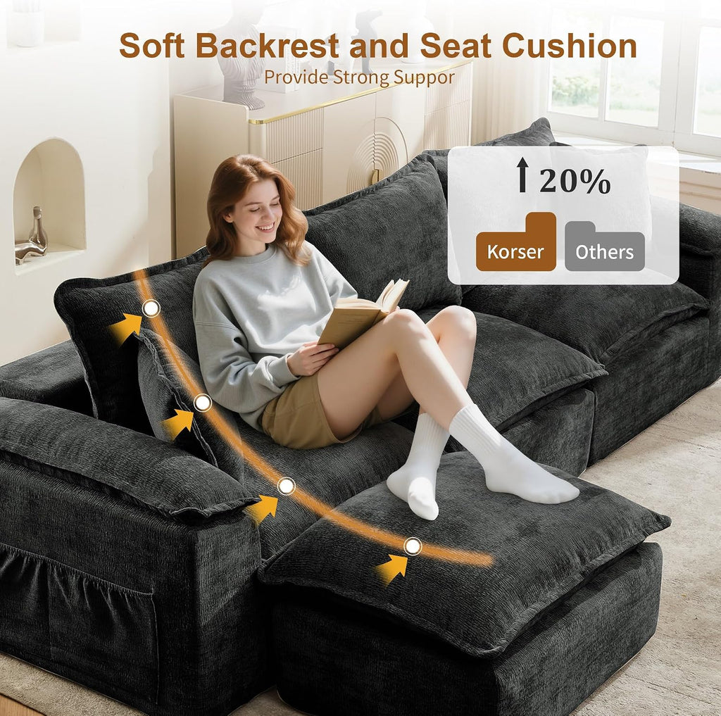 Korser 108' Sectional Couches for Living Room, Modular Boneless Couch with Deep Seat & Fluffy Cushion, Cozy Double-Layer Cushioned Sofa with Convertible Ottoman, Comfy Cloud Sofa, No Assembly Required