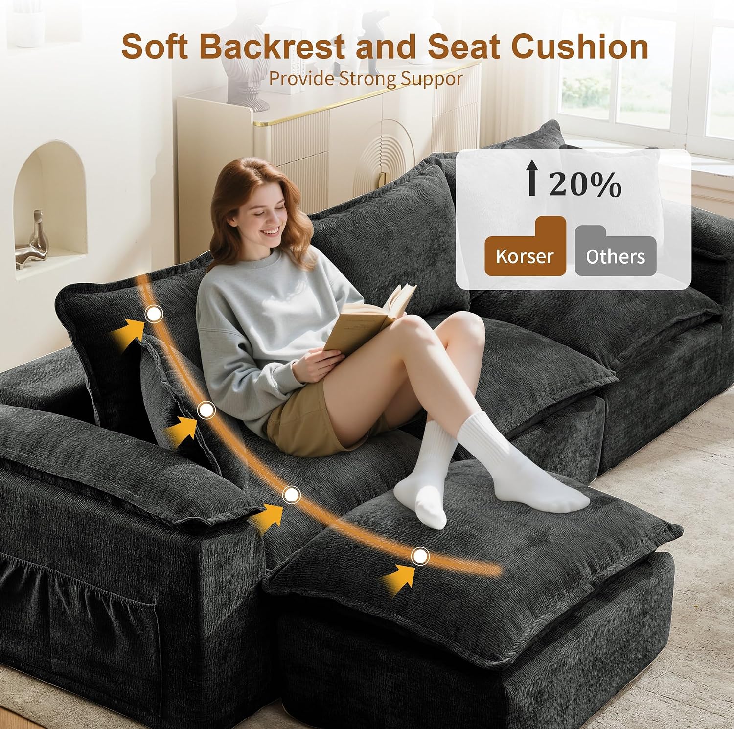 Korser 108' Sectional Couches for Living Room, Modular Boneless Couch with Deep Seat & Fluffy Cushion, Cozy Double-Layer Cushioned Sofa with Convertible Ottoman, Comfy Cloud Sofa, No Assembly Required