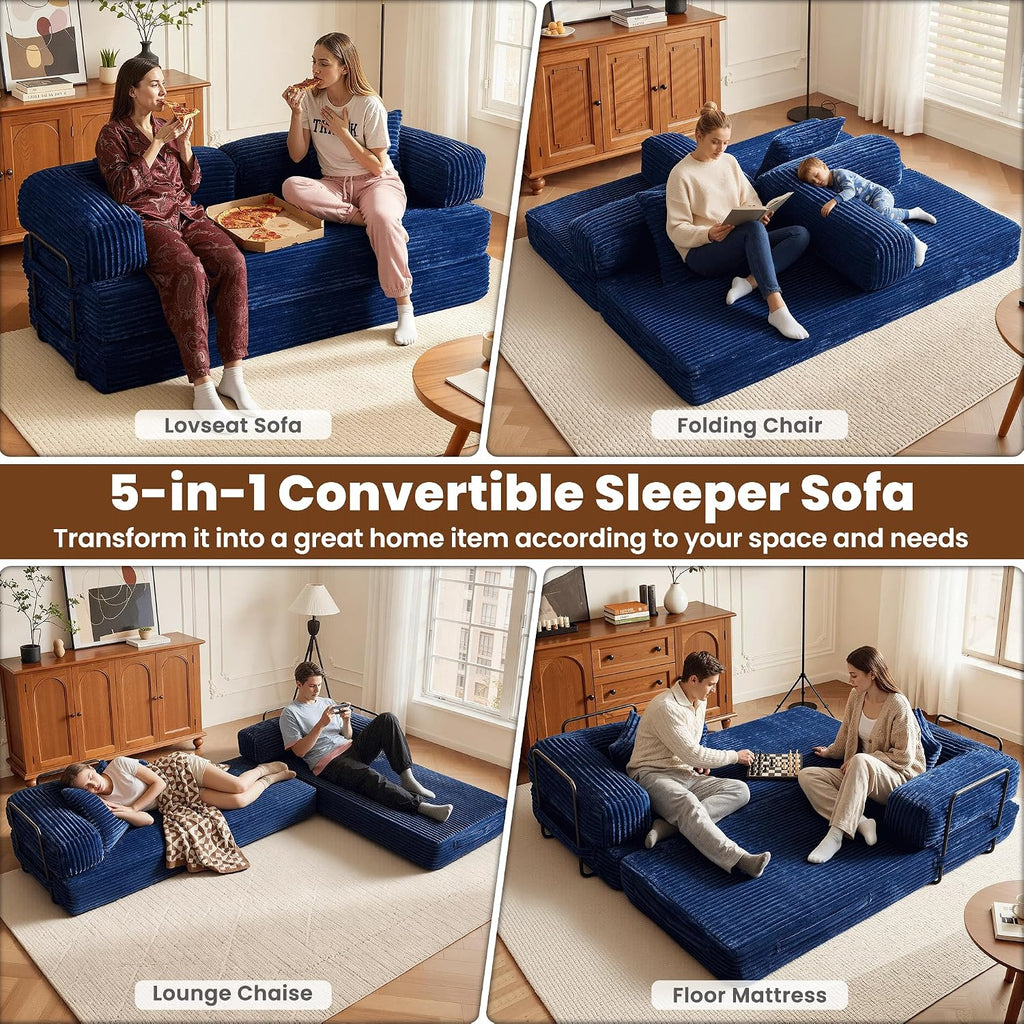 ovios 81' Folding Sofa Bed, Foldable Sleeper Boneless Couch with Pull Out Beds, Modular Convertible Floor Futon Loveseat Lounger for Living Room (Faux Fur, Blue)