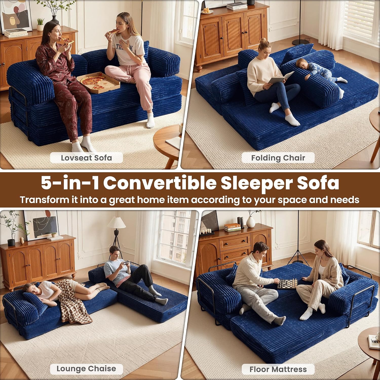 ovios 81' Folding Sofa Bed, Foldable Sleeper Boneless Couch with Pull Out Beds, Modular Convertible Floor Futon Loveseat Lounger for Living Room (Faux Fur, Blue)