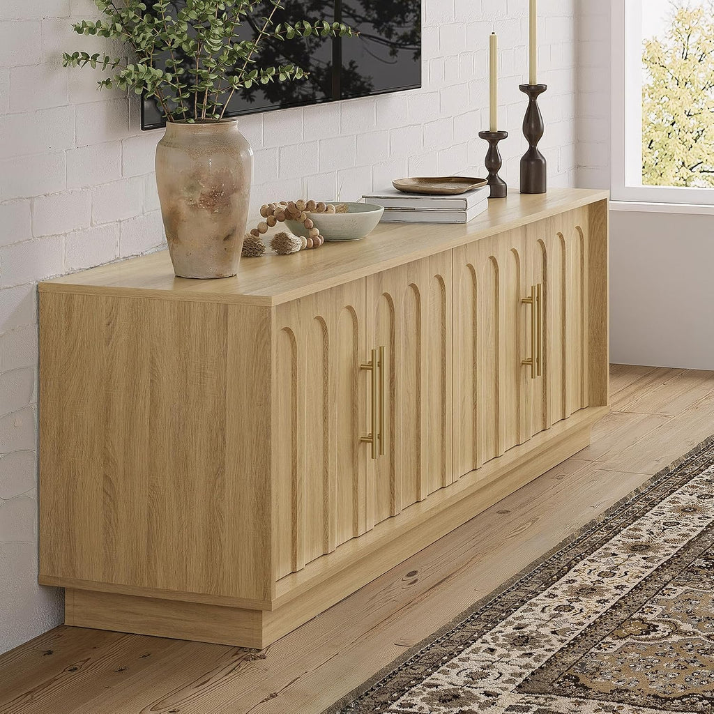 FORTUNETEC TV Stand for 75 Inch TV, Mid Century Modern TV Stand with Arched Design, Wood Grain Finish, Boho Media Console with Adjustable Shelves, 67' Entertainment Center for Living Room Bedroom, Oak