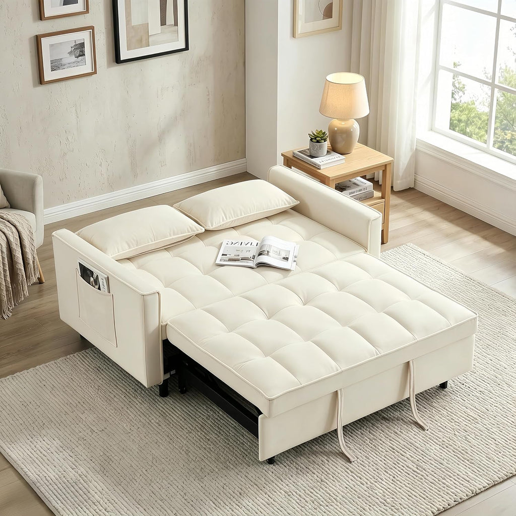 3 in 1 Convertible Sofa Bed, Loveseat Sleeper Sofa with Large Side Pockets, Pull Out Couch with Adjustable Backrest, Easy Assembly, Velvet Couch Bed for Small Spaces, Apartment, White