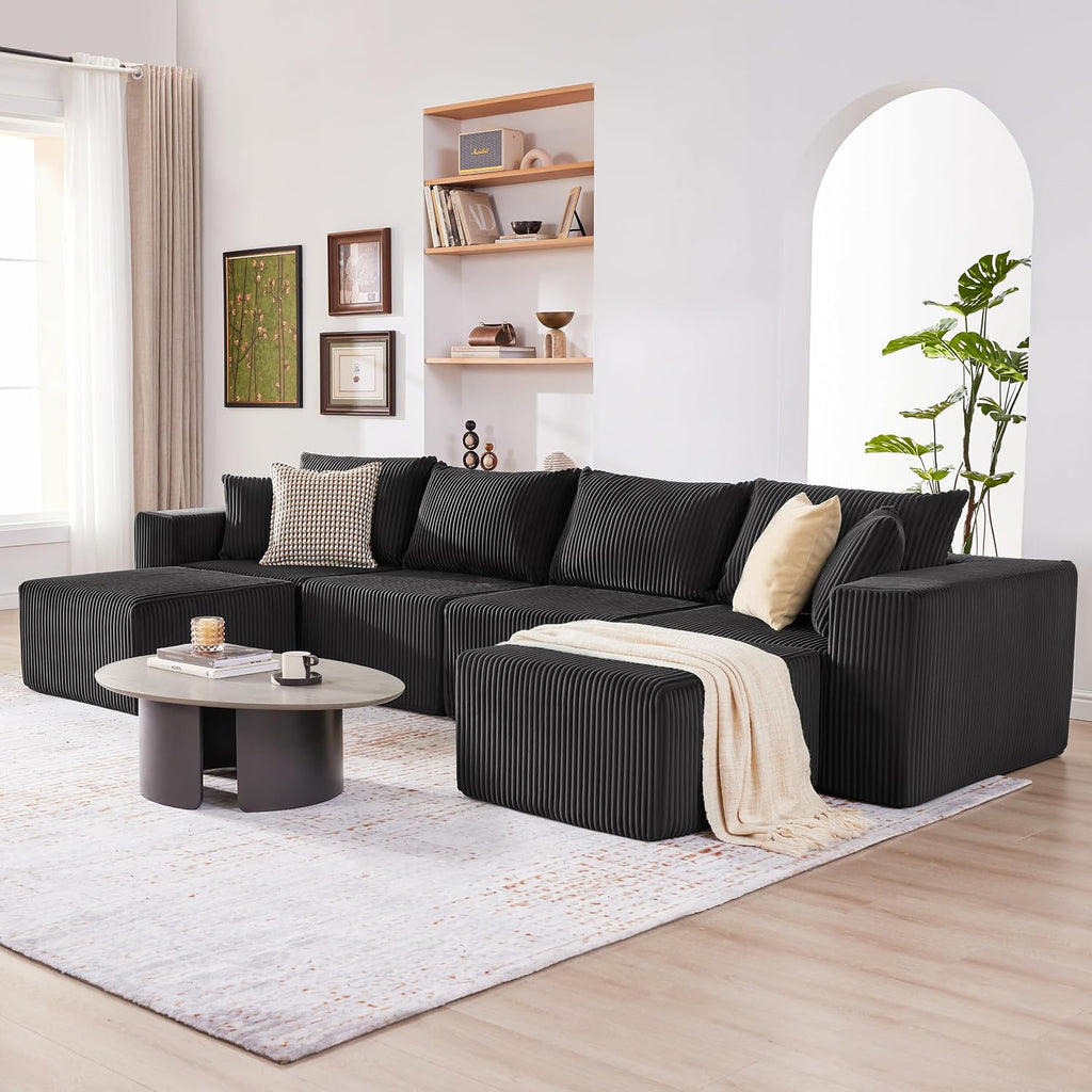 Weture 135.4' Cloud Couch Sectional, Modular Sectional Sofa with Deep Seat, Plush Corduroy U Shaped Boneless Couch, Convertible Sectional Couches for Living Room, 6Seat, Black