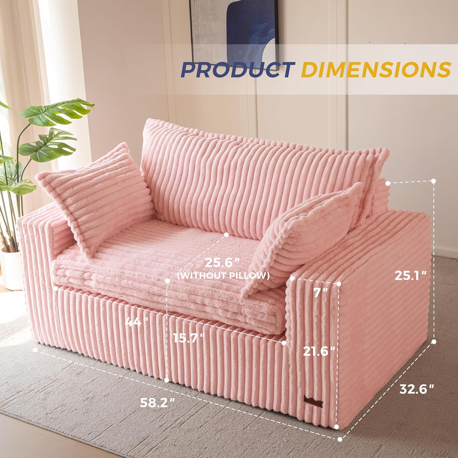 MAXYOYO 59' Bean Bag Sofa Couch, Loveseat Boneless Couch in a Box, Upholstered Small Mini Sofa with Deep Seating for Living Room Bedroom Office Apartment, No Assembly, Pink