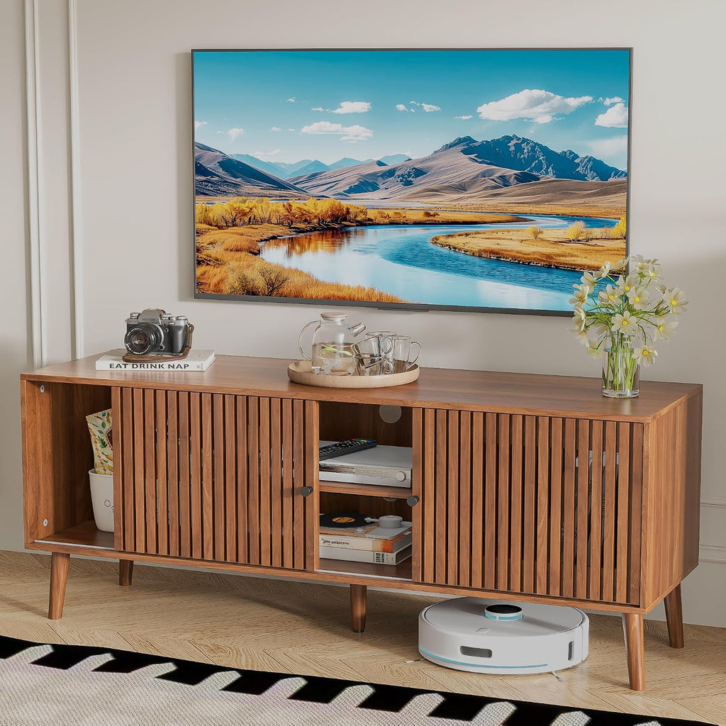 Oubayajia Mid Century Modern TV Stand for Televisions up to 60 Inches, with Sliding Doors and Storage, Television Stands, TV Consoles, Media Consoles for Living Room(Walnut-51.2inch)