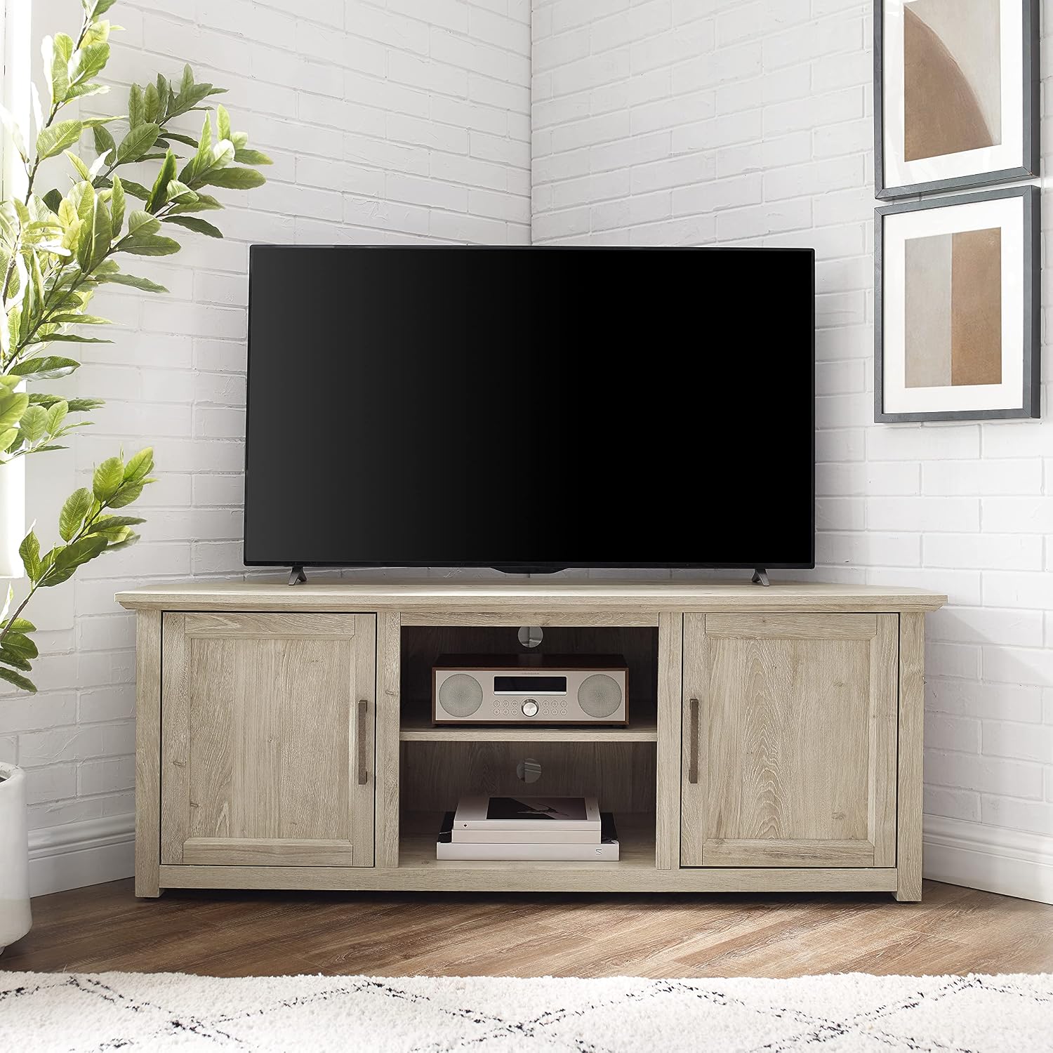 Crosley Furniture Camden Corner TV Stand for 65+ inch TVs, Entertainment Center with Storage Shelves, Frosted Oak