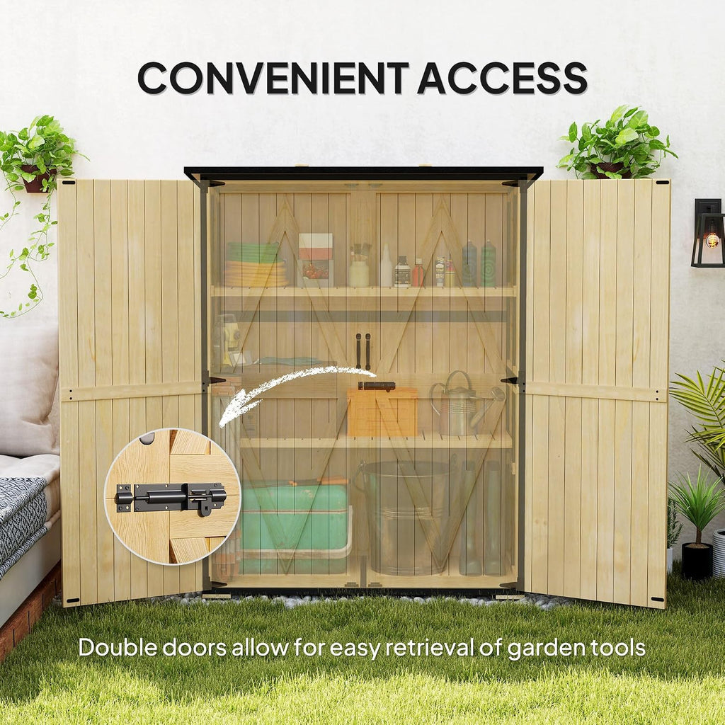 Outsunny Outdoor Storage Cabinet, Wood Garden Tool Shed with Steel Frame and Asphalt Roof, Garden Storage Shed with 2 Shelves, Lockable Doors and Adjustable Feet for Patio Backyard Lawn, Natural