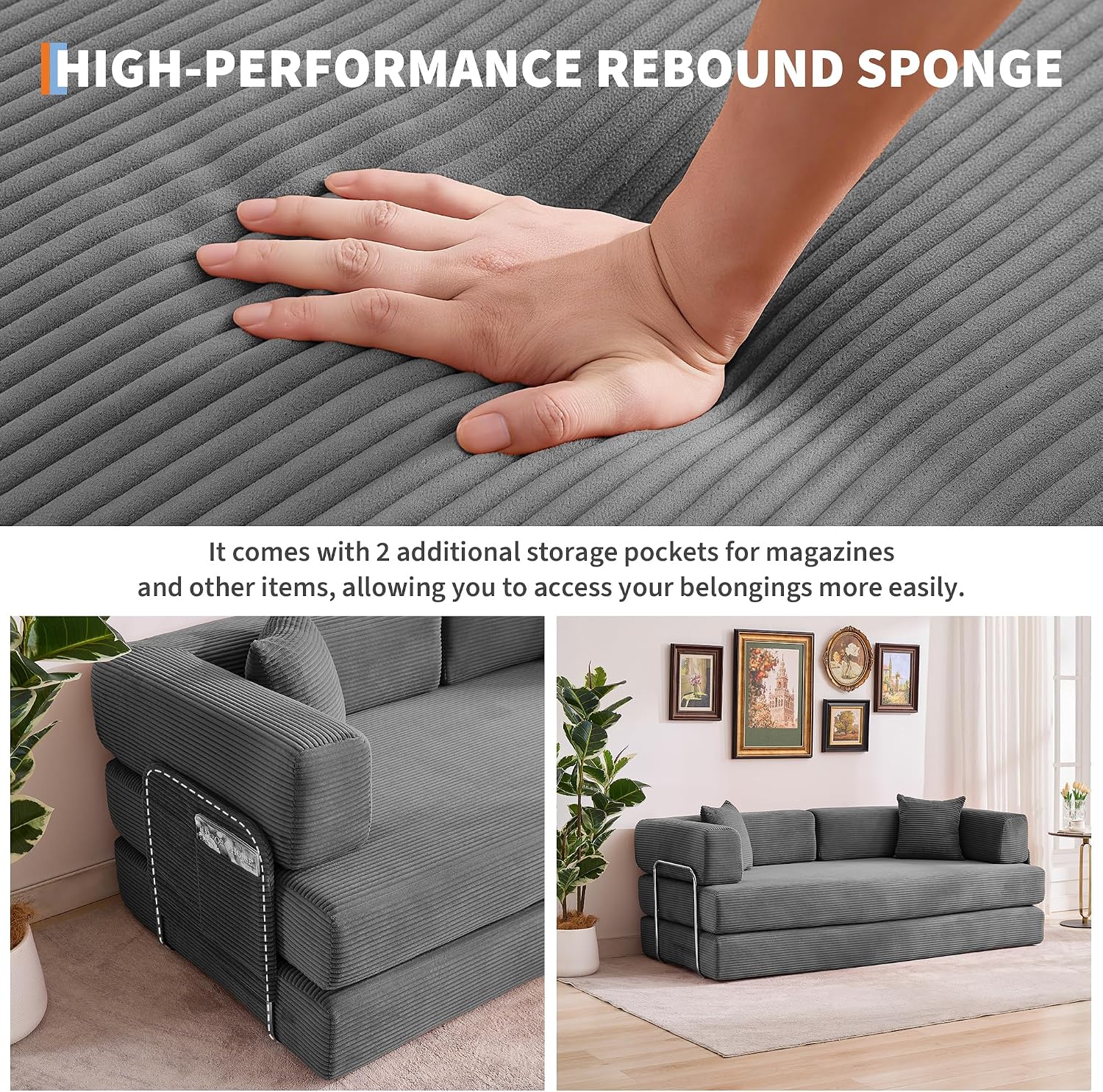 Garvee 5-in-1 Convertible Sofa Bed, 78.8' Modular Corduroy Sleeper with Sturdy Frame & No Assembly, Multi-Functional Futon for Small Space, Living Room & Guest Room (Gray)