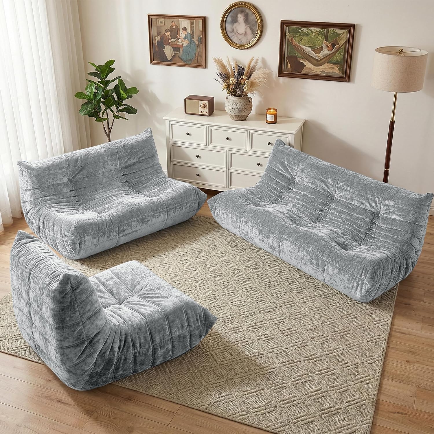 HABUTWAY Bean Bag Chair, Giant Bean Bag Chairs for Adults, Loveseat Fireside Chair, 2 Seater Lazy Bean Bag Sofa Memory Foam Couch for Living Room, Bedroom, Office (Light Grey)