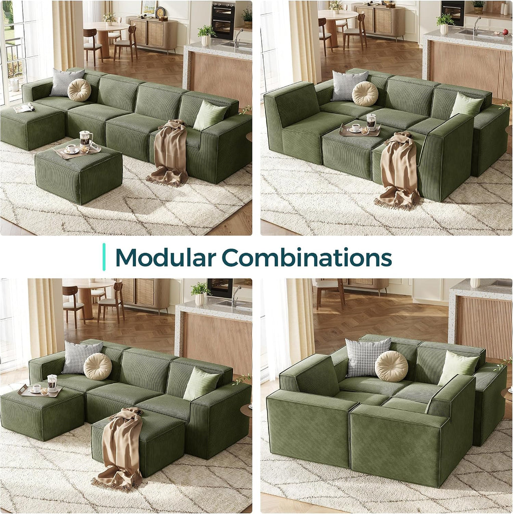 LINSY HOME Modular Sectional Sofa, 105' Boneless Couch L Shaped 3-Seat Sofa with Ottoman, Corduroy Sectional Cloud Couches for Living Room, No Assembly Required, Green