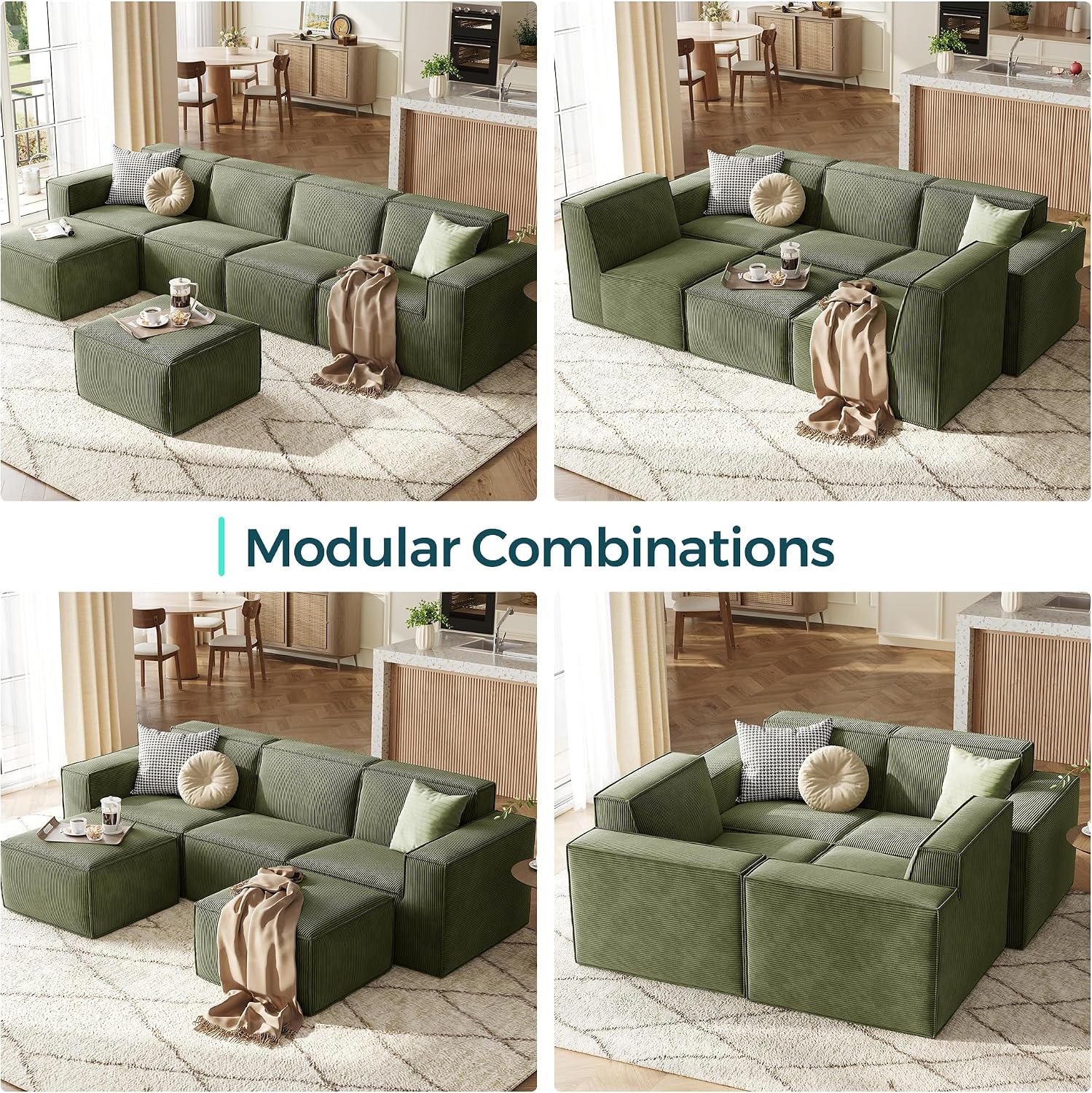 LINSY HOME Modular Sectional Sofa, 105' Boneless Couch L Shaped 3-Seat Sofa with Ottoman, Corduroy Sectional Cloud Couches for Living Room, No Assembly Required, Green