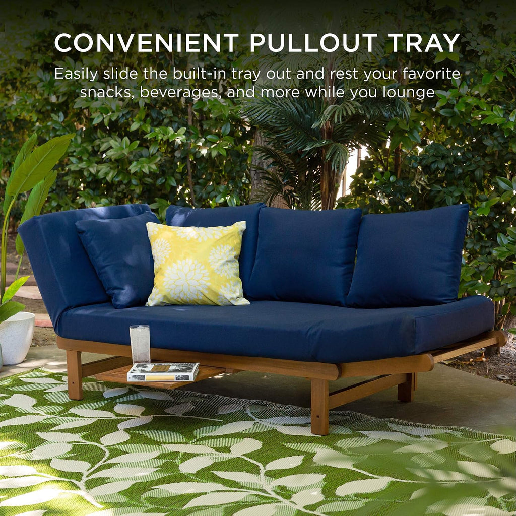 Best Choice Products Outdoor Convertible Acacia Wood Futon Sofa Furniture for Patio, Balcony, Poolside, Backyard w/Pullout Tray, Removable Weather-Resistant Cushion & 4 Pillows - Navy Blue