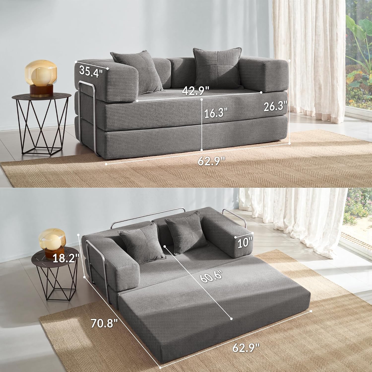 YINIX Sofa Bed, 62'' Folding Floor Couch, Compressed Convertable Sleeper Sofa, Memory Foam Couch with Pillow Back Support Armrest, 4-in-1 Futon Sofa Bed for Living Room, Silver