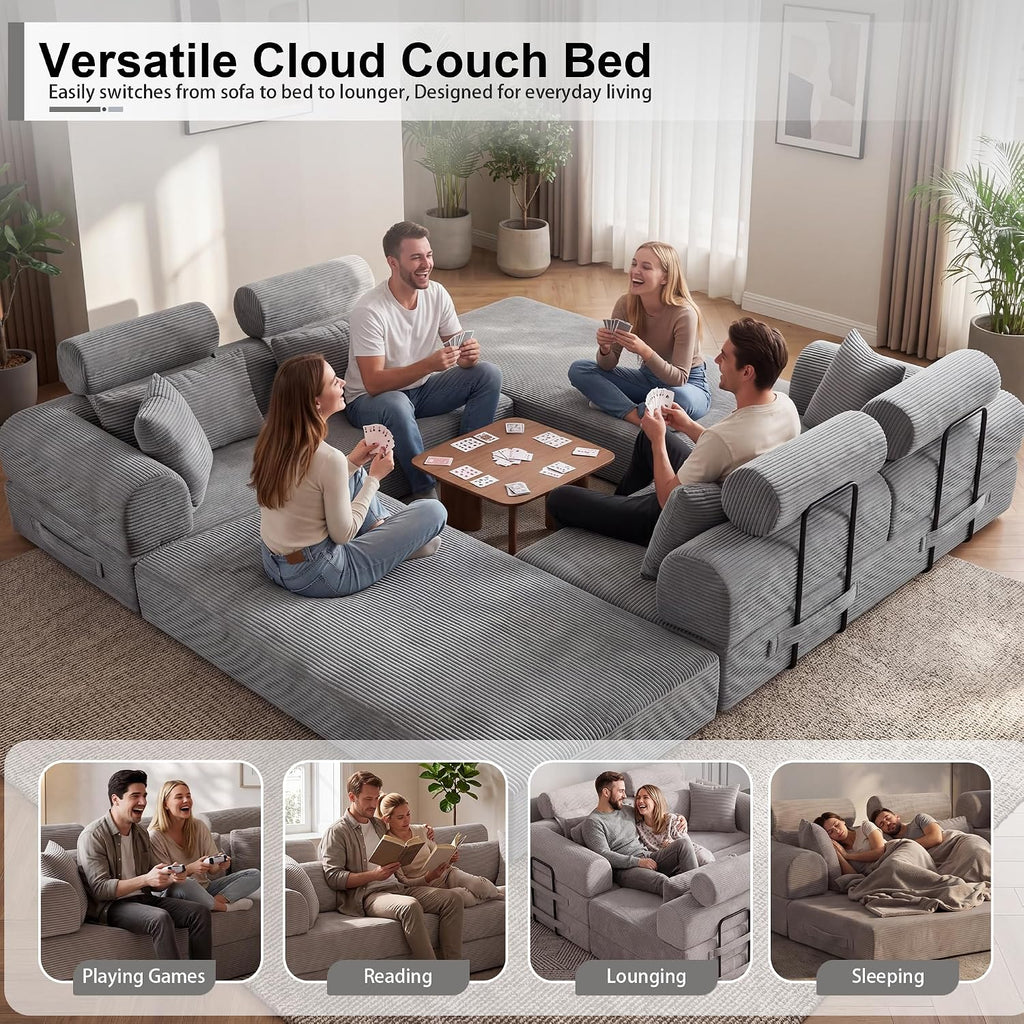 JJJ 108 inch Sofa Bed 4-in-1 Boneless Convertible Corduroy Sleeper Folding L Shaped Couch with Fixed-Shape Frame No Assemble Required 3 Seater Upholstered for Living Room (Light Grey, 108 inch)
