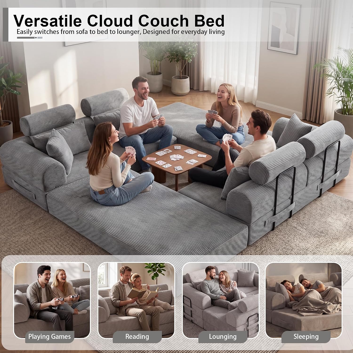 JJJ 108 inch Sofa Bed 4-in-1 Boneless Convertible Corduroy Sleeper Folding L Shaped Couch with Fixed-Shape Frame No Assemble Required 3 Seater Upholstered for Living Room (Light Grey, 108 inch)