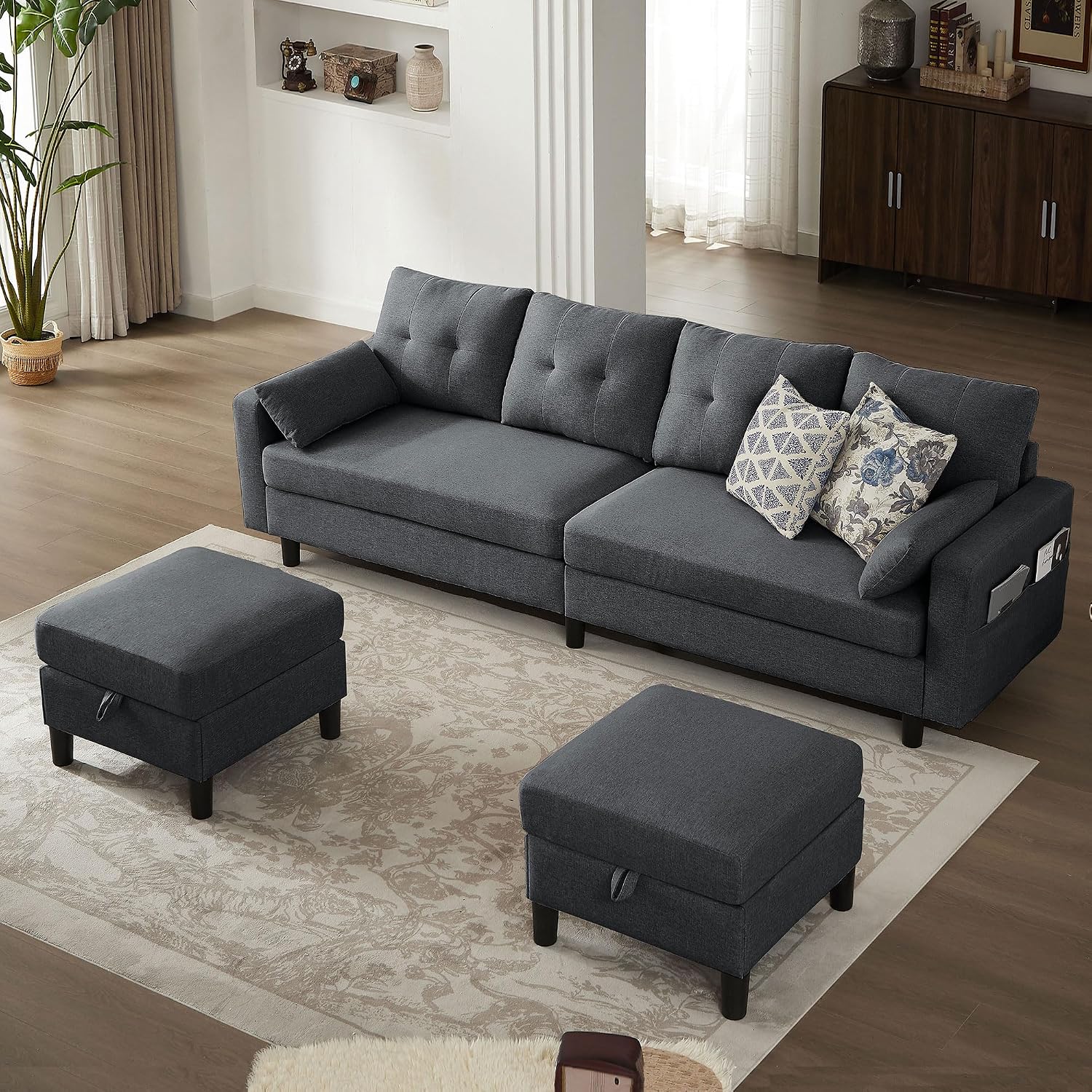 101' Convertible Sectional Sofa, Modern Linen Fabric U-Shaped Couch with 2 Storage Ottomans and Storage Pocket, 4 Seat Sofa Couches for Living Room, Apartment, Office, Darkgrey