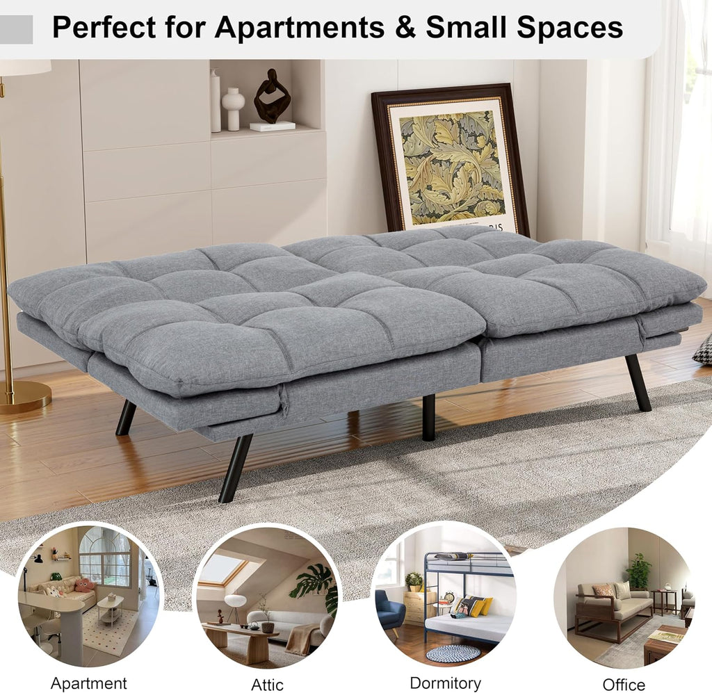 MUUEGM 71' Futon Sofa Bed, Comfortable Memory Foam Futons Sofa with Adjustable Backrest & Armrests, Convertible Loveseat Futon Bed for Compact Living Room, Apartment, Office, Grey
