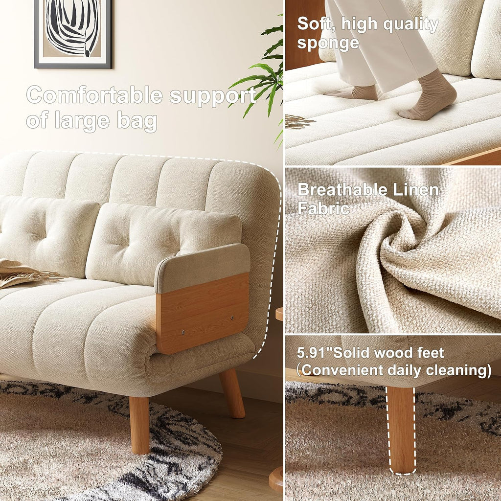 Convertible Chair Bed, Futon Sofa Bed Sleeper Chair with Solid Wood Leg and Storage Pocket, Linen Fabric Sofa Couch Guest Bed for Living Room, Bedroom, Office, Apartment (43.31)
