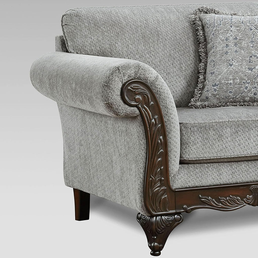 Hernen Carved Wood Frame Sofa, Gray