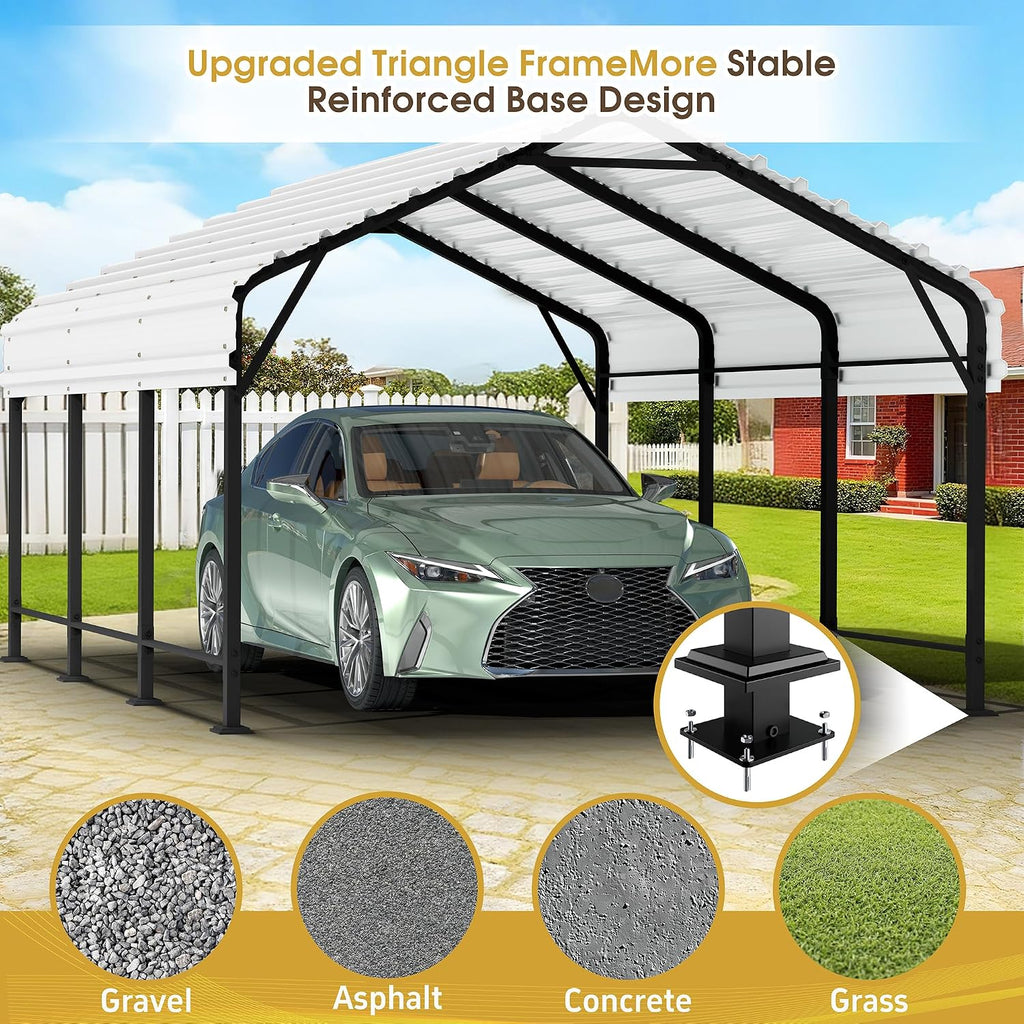JAMFLY Carport, 12X20 ft Metal Carport, Heavy Duty Canopy with Galvanized Steel Roof and Frame, Metal Car Garage Upgraded Extra Large Garage for Pickup, Boat, Car and Tractors, White