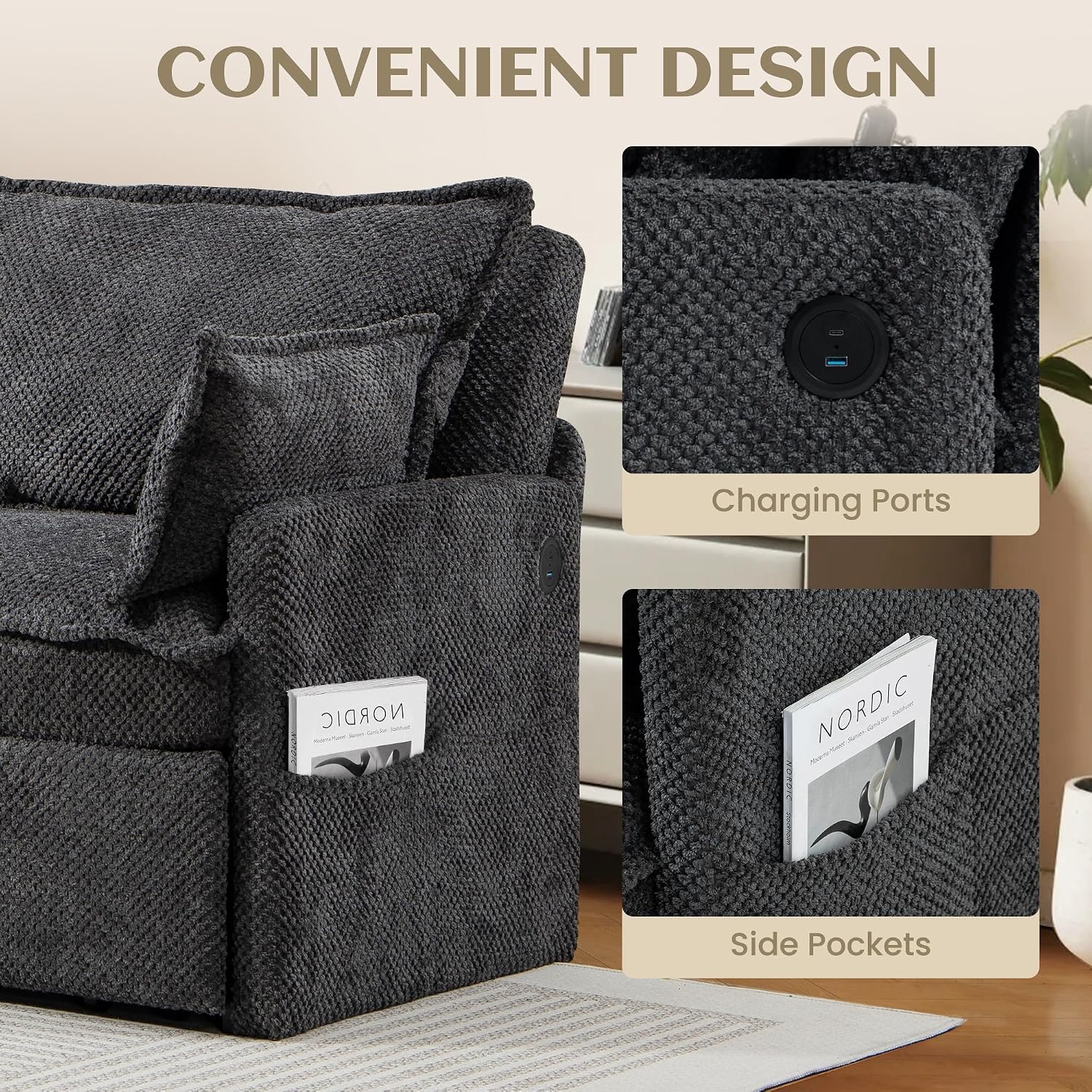 SUNWAVE 60' Queen Pull Out Sofa Bed - Convertible Sleeper Sofa Bed, Corduroy Loveseat Pull Out Couch with USB Charging, Side Pockets for Living Room, Bedroom, Small Spaces(Charcoal, 60')