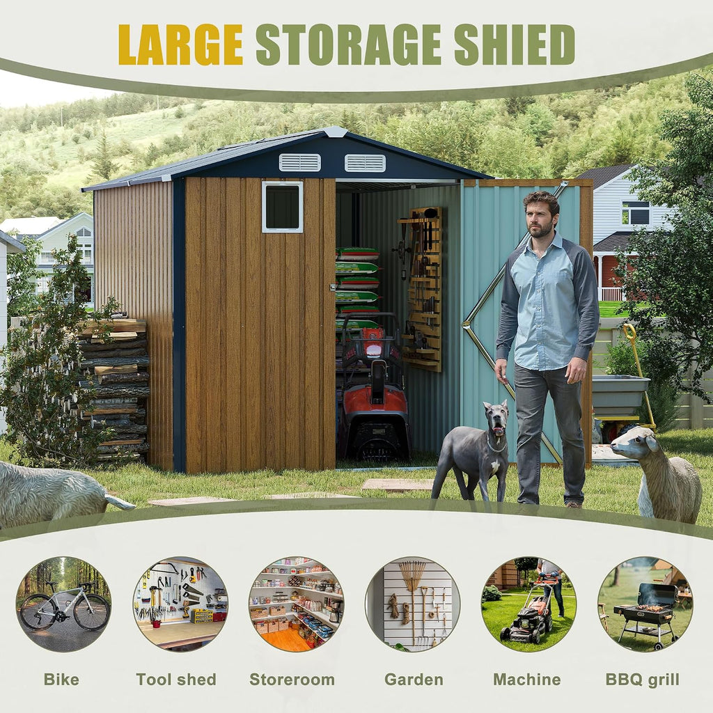 6x8 FT Outdoor Metal Storage Shed with Lockable Door, Steel Garden Utility Shed with Vents and Window, Backyard Patio Tool Shed for Lawn Equipment, Bike, Firewood and Mower Storage, Brown
