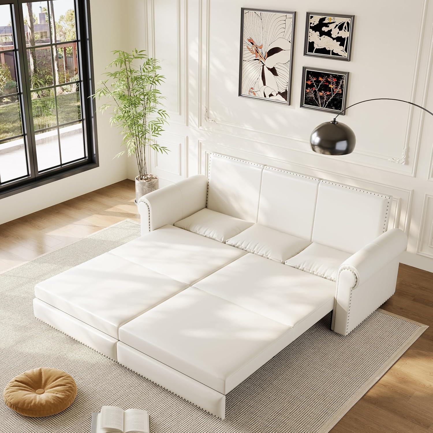 93.7' King Pull Out Sofa Bed, Faux Leather Sleeper Sofa Couch, 3 in 1 Convertible Futon Couches for Living Room, Small Space, Apartment, Office, Bedroom, Modern Rivet Armrest, Cream White