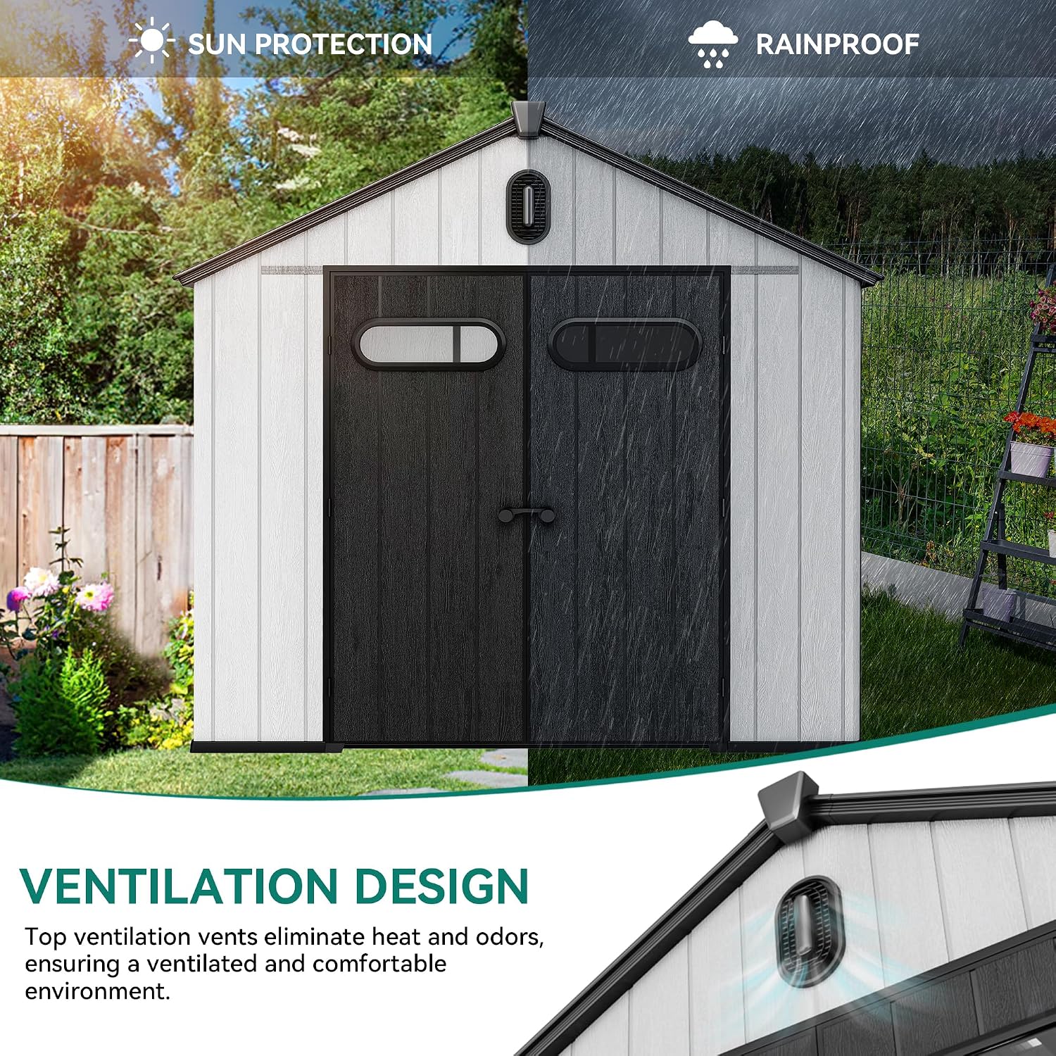 YITAHOME 8x10ft Outdoor Plastic Storage Shed with Floor, Extra Thick Waterproof Garden Shed with Lockable Door, Oval Vision Windows &Vents, 16mm Heavy Duty Tool Storage for Patio, Lawn, Bikes, Gray