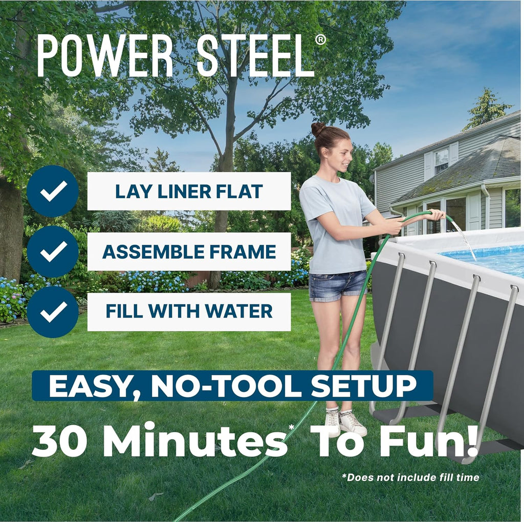 Bestway Power Steel 18' x 9' x 48' Above Ground Pool, Rectangular Metal Frame Outdoor Swimming Pool Set with Sand Filter Pump, Ladder, and Cover