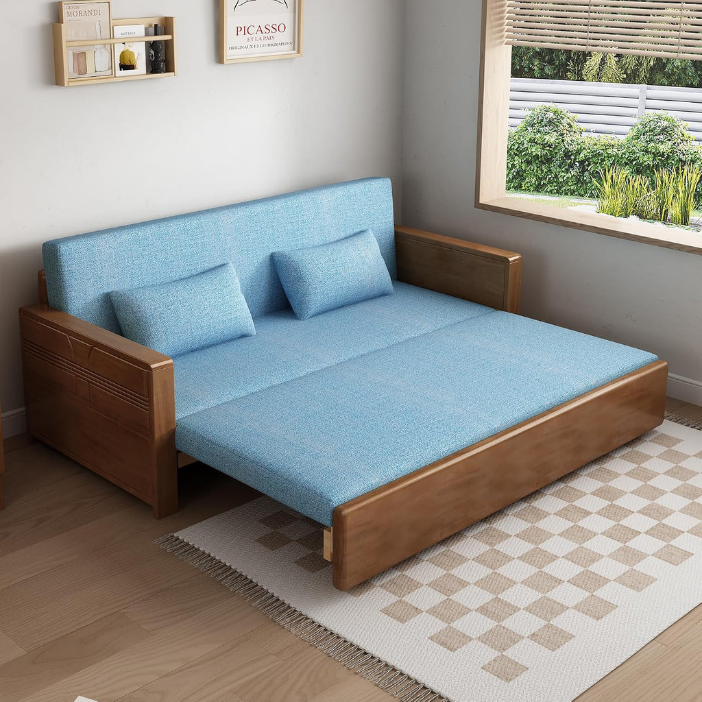 71'queen convertible sofa sleeper,blue cushion sectional sleeper sofa with reversible chaise,walnut color wood sofa bed 3 in 1 pull out couch bed,wooden couch for livingroom,apartment,bedroom,office