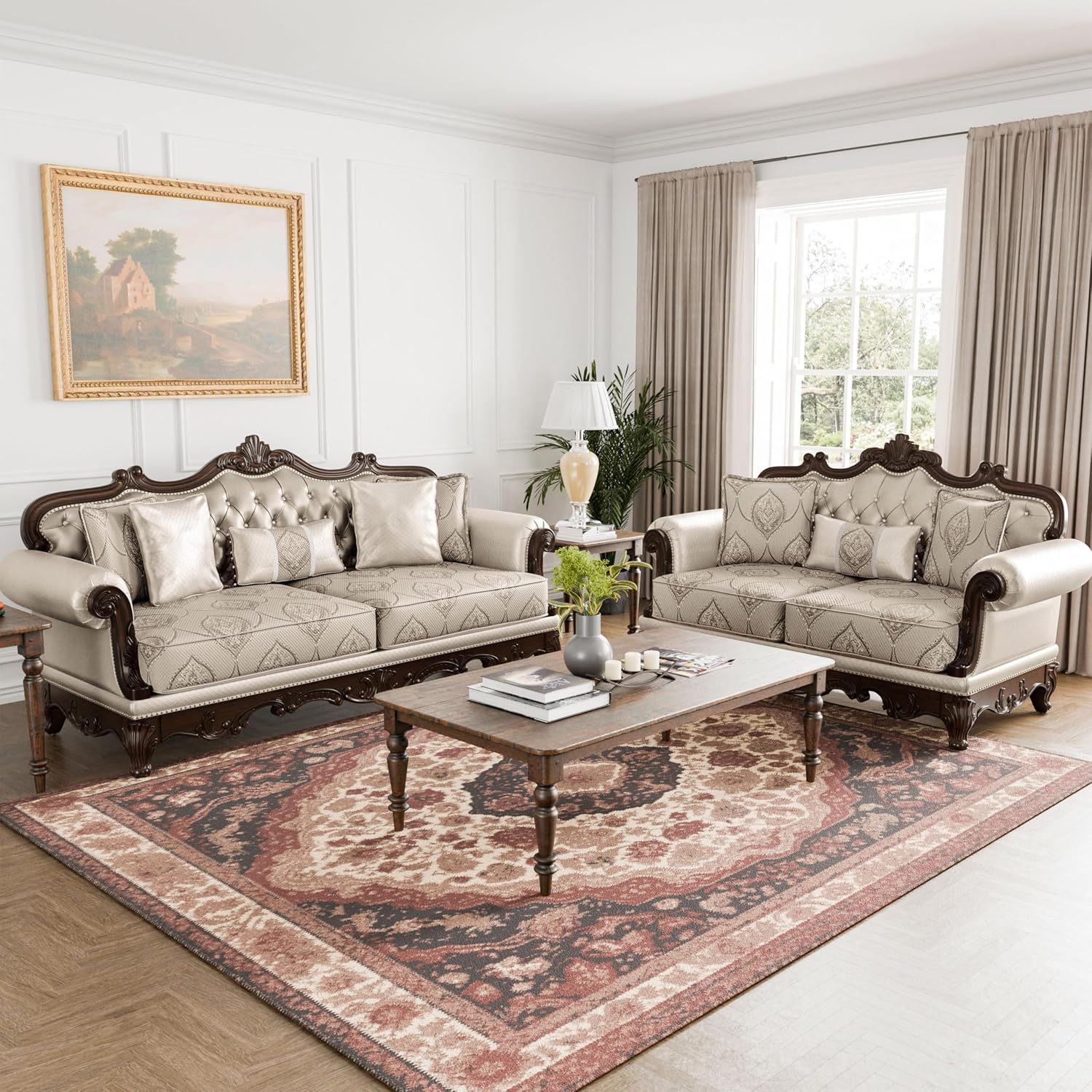 Furniture of America Adelaide Traditional Upholstered Sofa Set with Rolled Armrests, Wooden Loveseat and Comfortable Couch for Living Room, Office, 2-Piece Set, Dark Cherry/Beige